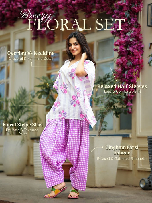 White & Lavender handblock printed sanganeri kaftan top with farsi salwar For Women