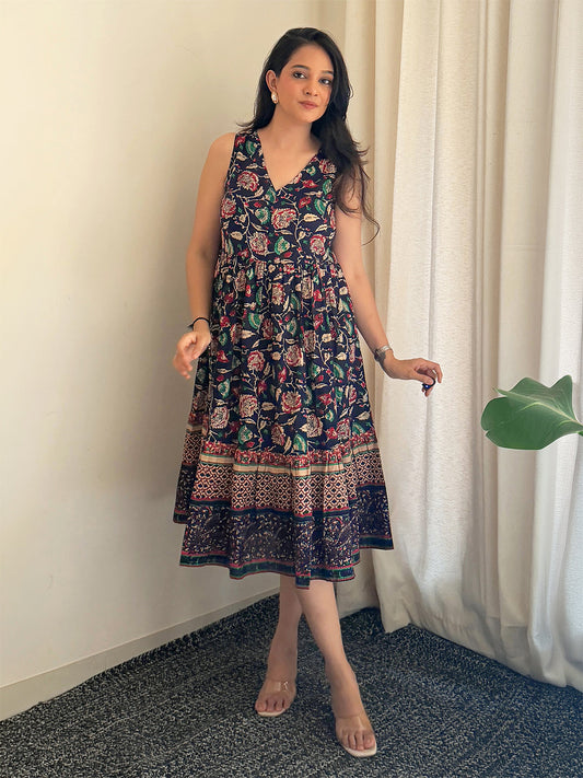 Janasya Women's Navy Blue Pure Cotton Floral Prinrted Gathered Dress
