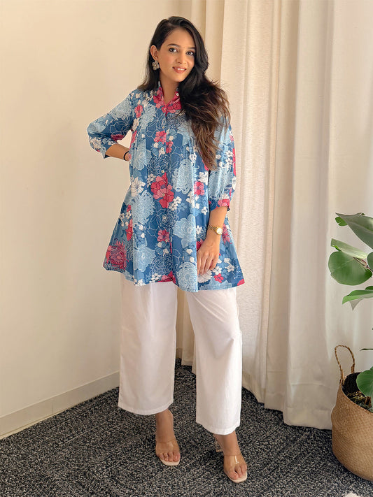 Blue Cotton Floral A-Line Tunic