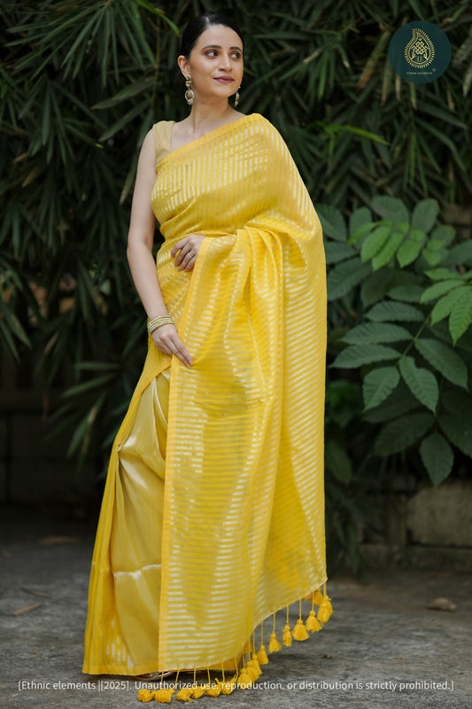 Peeli Rang Mul Cotton Tissue Striped Saree