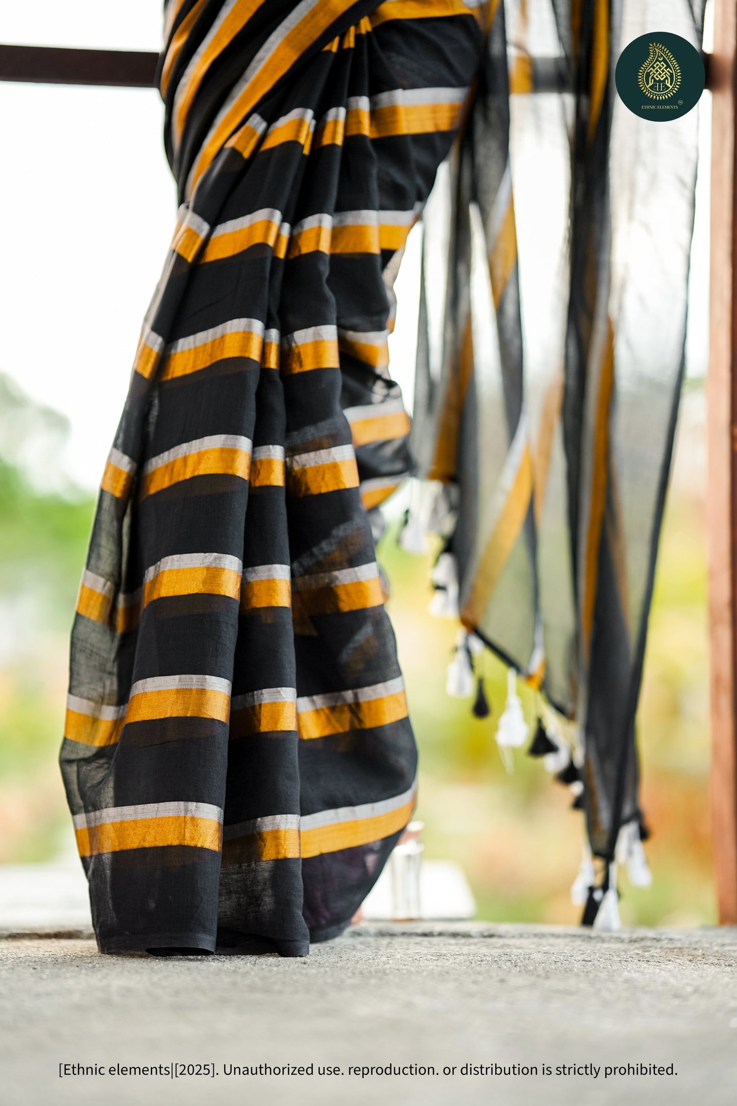 Mul Cotton Saree - Black Golden - Zari Stripped