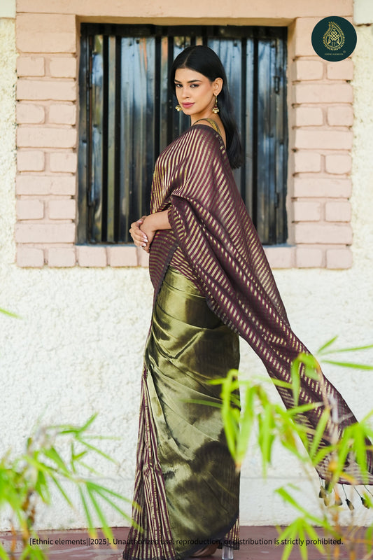 Mul Cotton Tissue Maroon And Olive-Gold Striped Saree Garnet Panel
