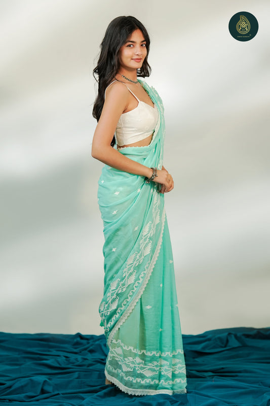 Mint Green Mul Cotton Saree with White Woven Motifs