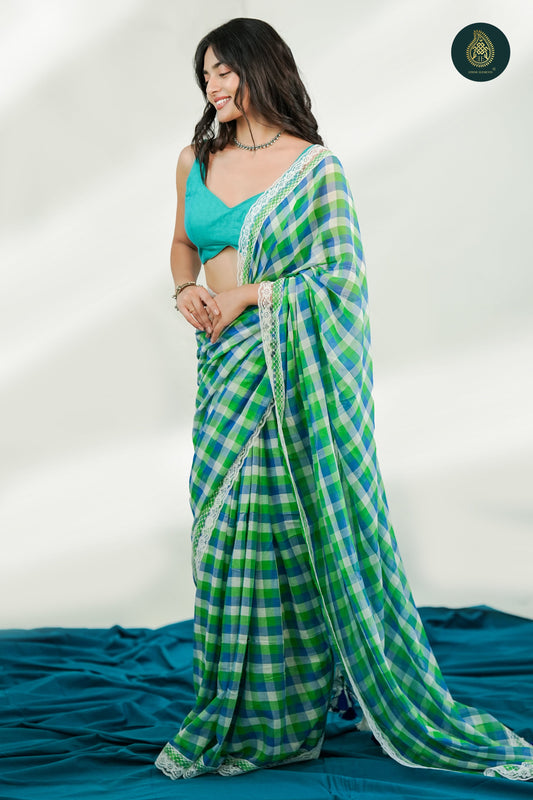 Teal Drift Check Mul Cotton Saree with Lace