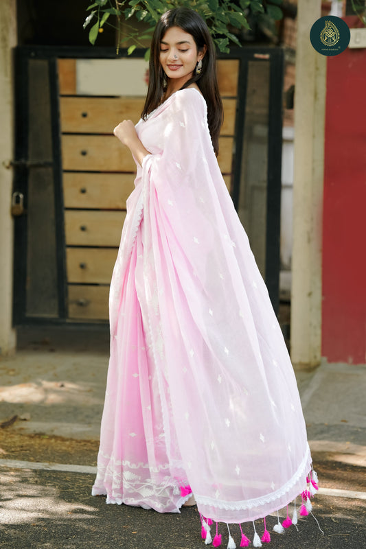 Pink Panaphool Jamdani Embroidery Mul Cotton Saree with Crochet Lace