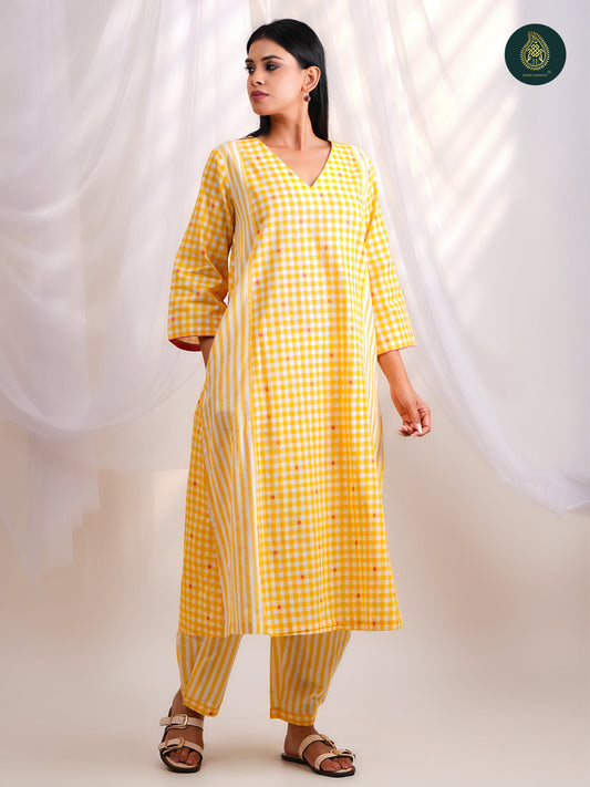 Sunny Yellow Gingham Check - Afghani Salwar Stitched 2Pc Suit Set
