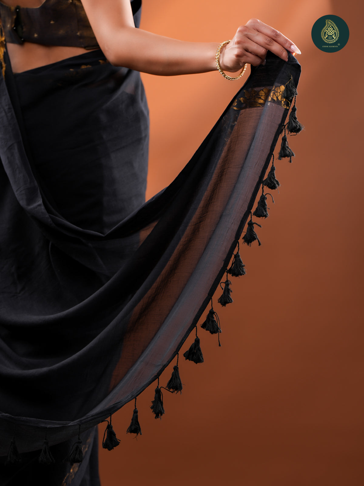 Classic Black Mul Cotton Saree with Gold Floral Border