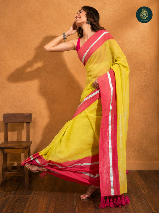 Mul Cotton Saree With Contrast Border Zari Aura - Lime Aura
