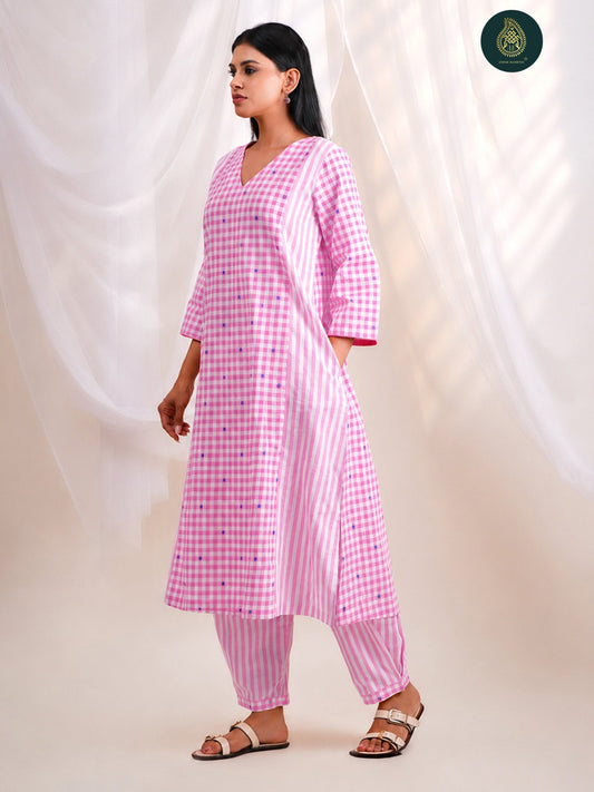 Pink Gingham Check - Afghani Salwar Stitched 2Pc Suit Set For Women
