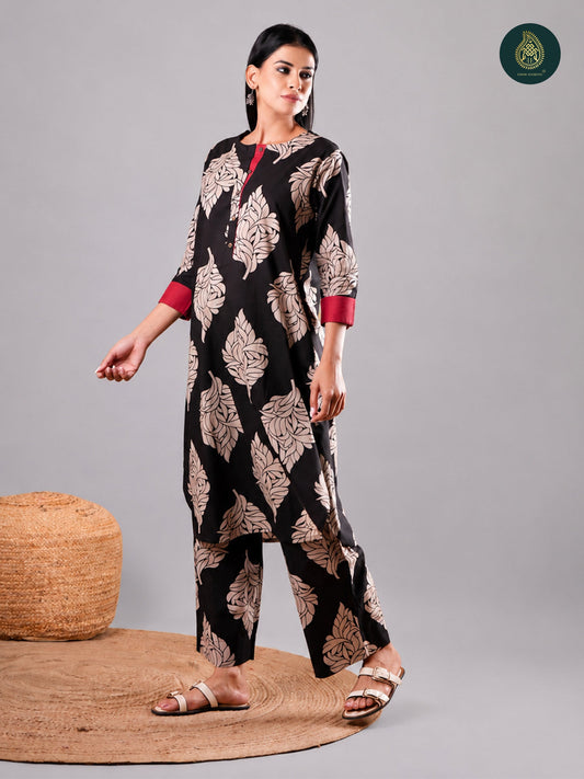 Elegant Black Beige Flora - Cotton Stitched 2Pc Suit Set