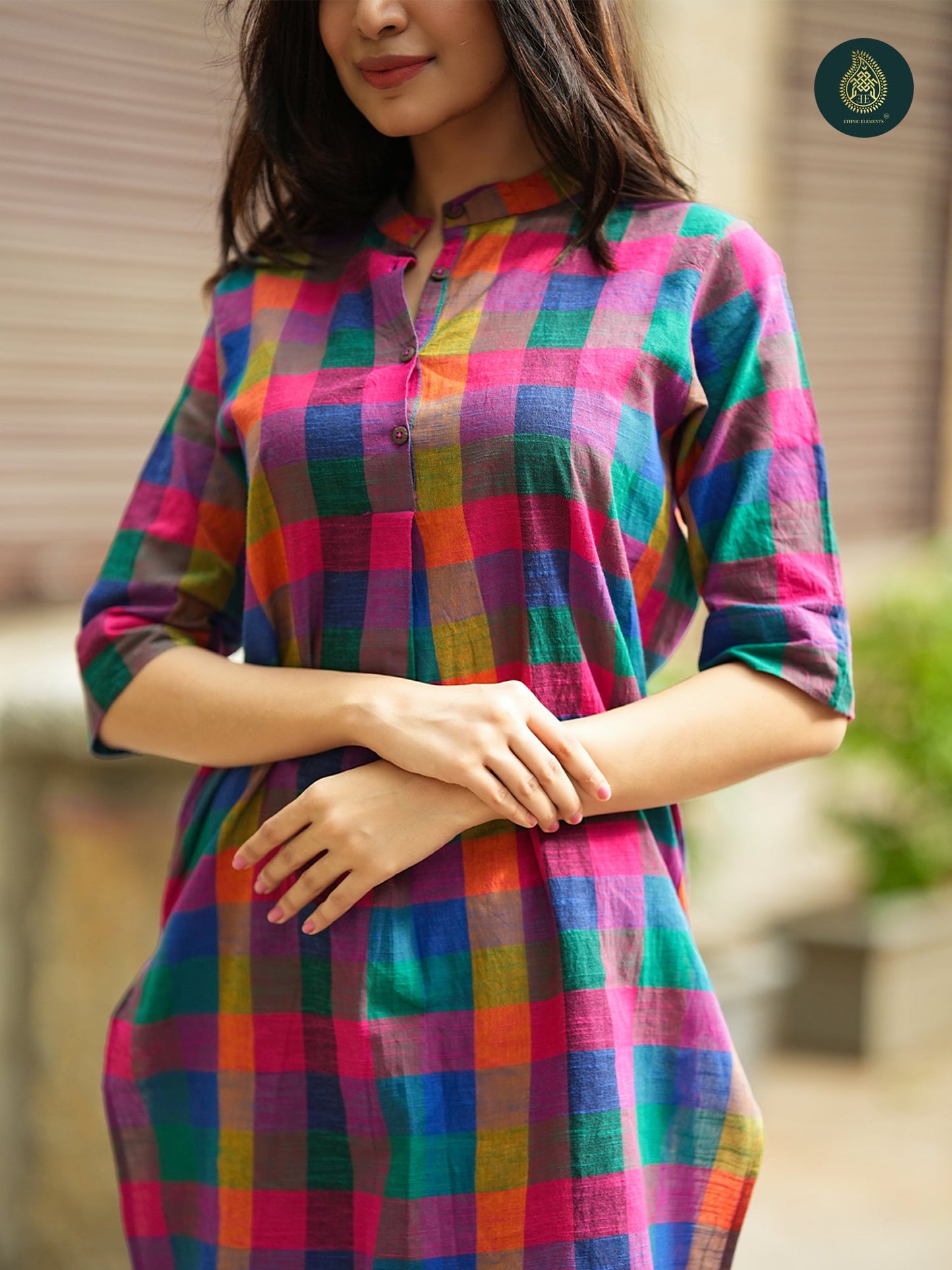 Multicolour Madras check handloom Kurta & Afghani Stitched Salwar Set For Women