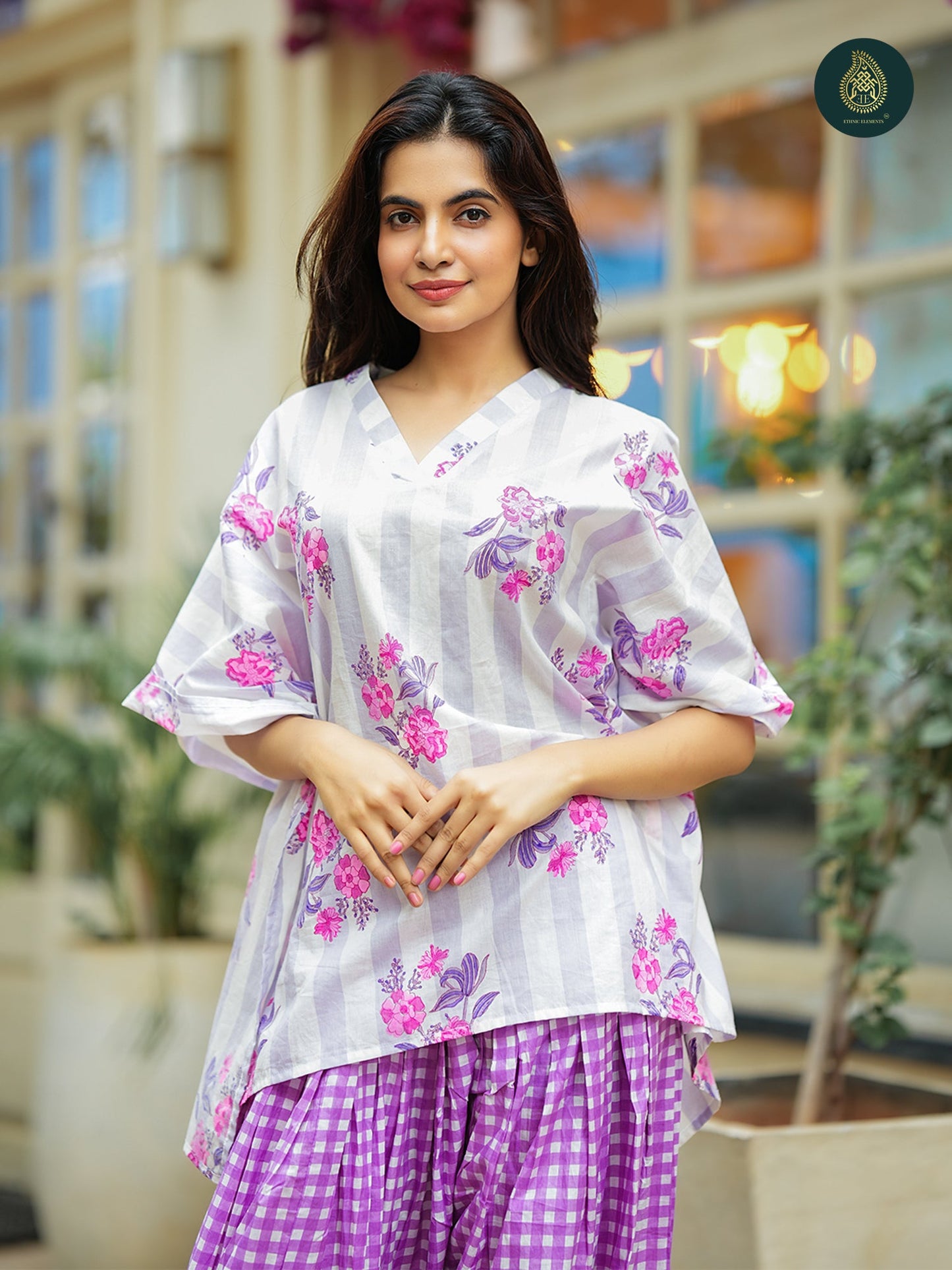 White & Lavender handblock printed sanganeri kaftan top with farsi salwar For Women