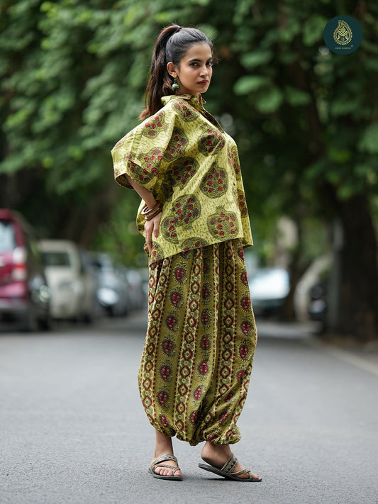 Olive Green Cotton Printed Shirt & Afghani Salwar Co-ord Set For Women