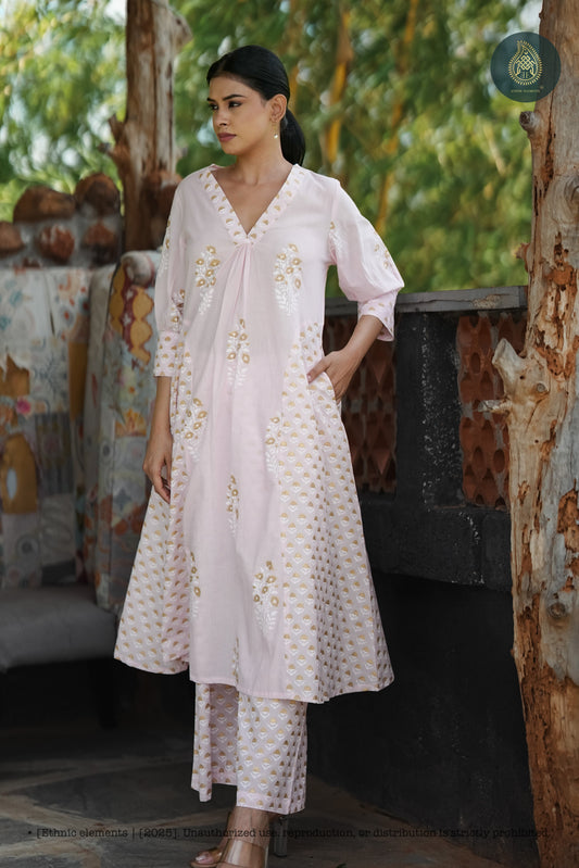 Stitched 2Pc Cotton Suit Set Blush Fern