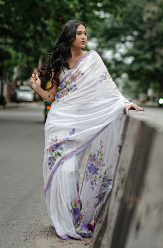 Mul Cotton Hand-Painted Floral Saree - Spring