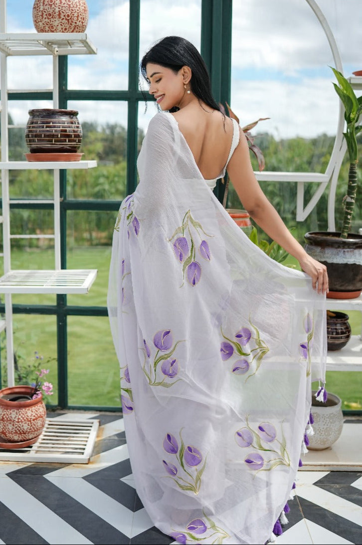 Lavender Tulip Mul Cotton Hand Painted Saree