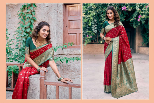 Woman wearing a red and green saree with a floral background, featuring the brand 'Gobuni'.