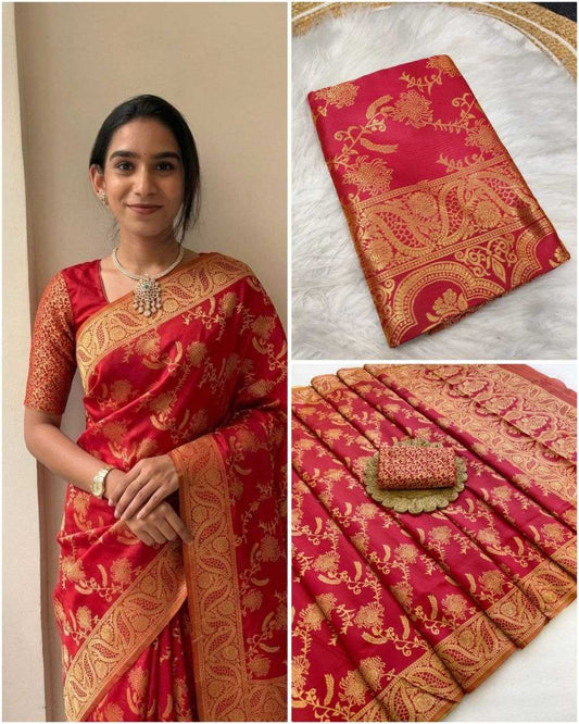 Woman wearing a red and gold saree with close-up details on a white background