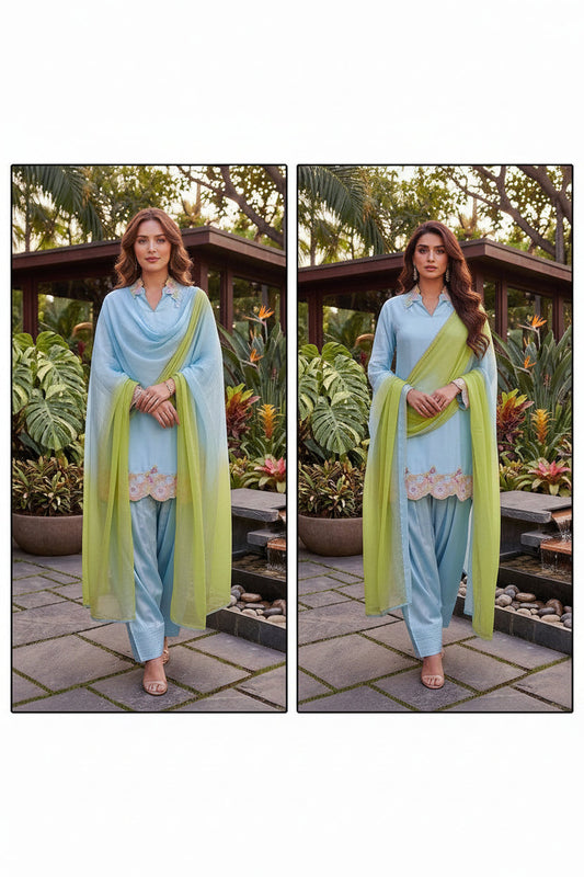 A side-by-side comparison of a woman modeling a light blue three-piece salwar kameez suit with a lime green dupatta in an outdoor garden setting.