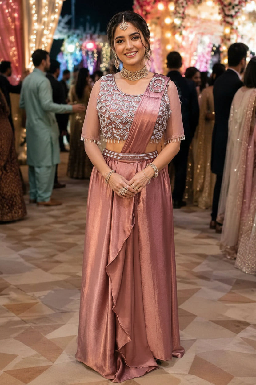 Woman in a pink traditional outfit with intricate designs, standing in a decorated indoor setting.