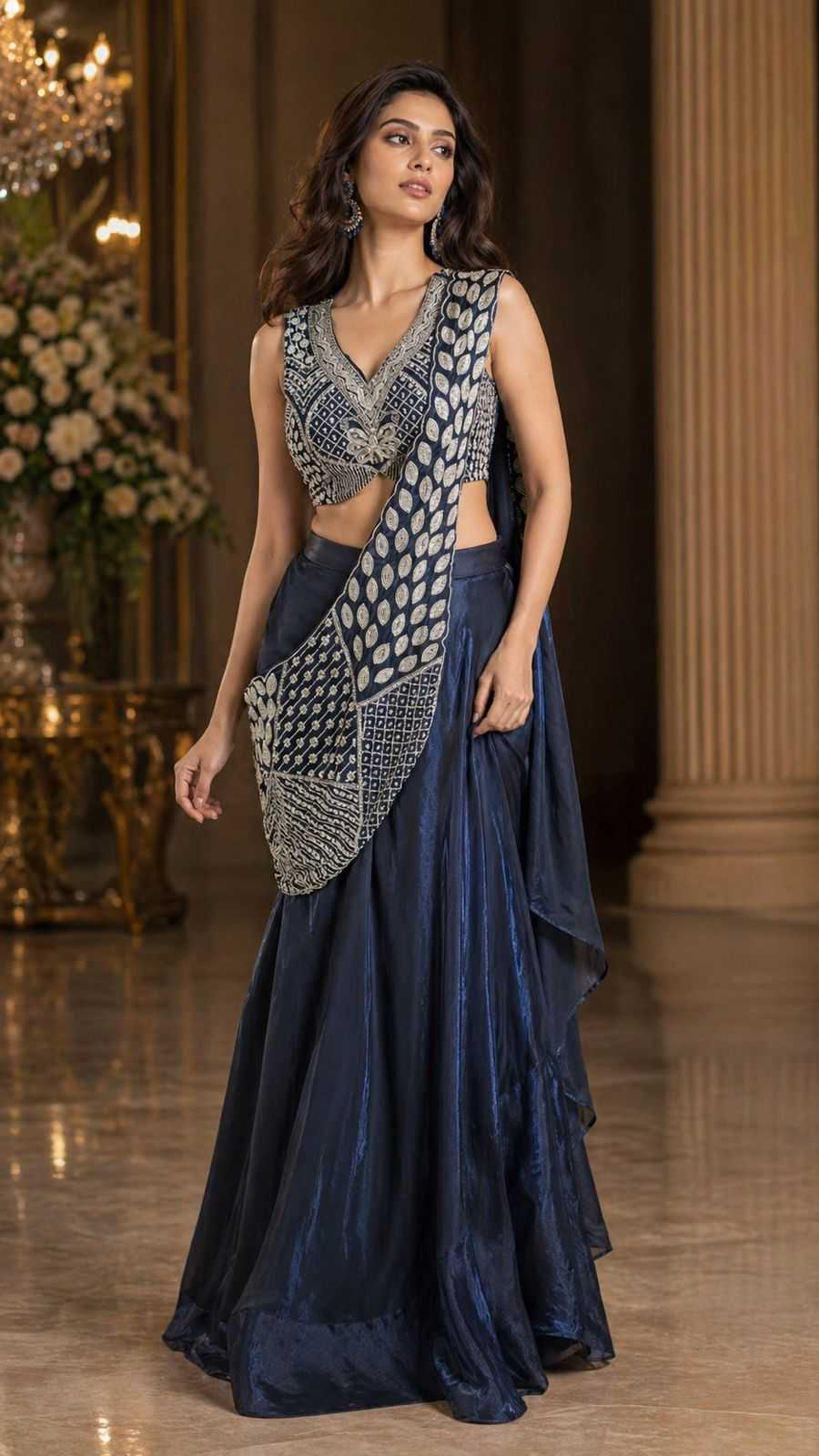 Woman wearing a traditional outfit with a blue saree and silver blouse in an elegant indoor setting.