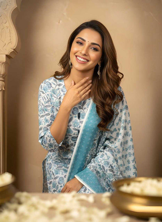 Woman in a blue floral saree with a decorative background