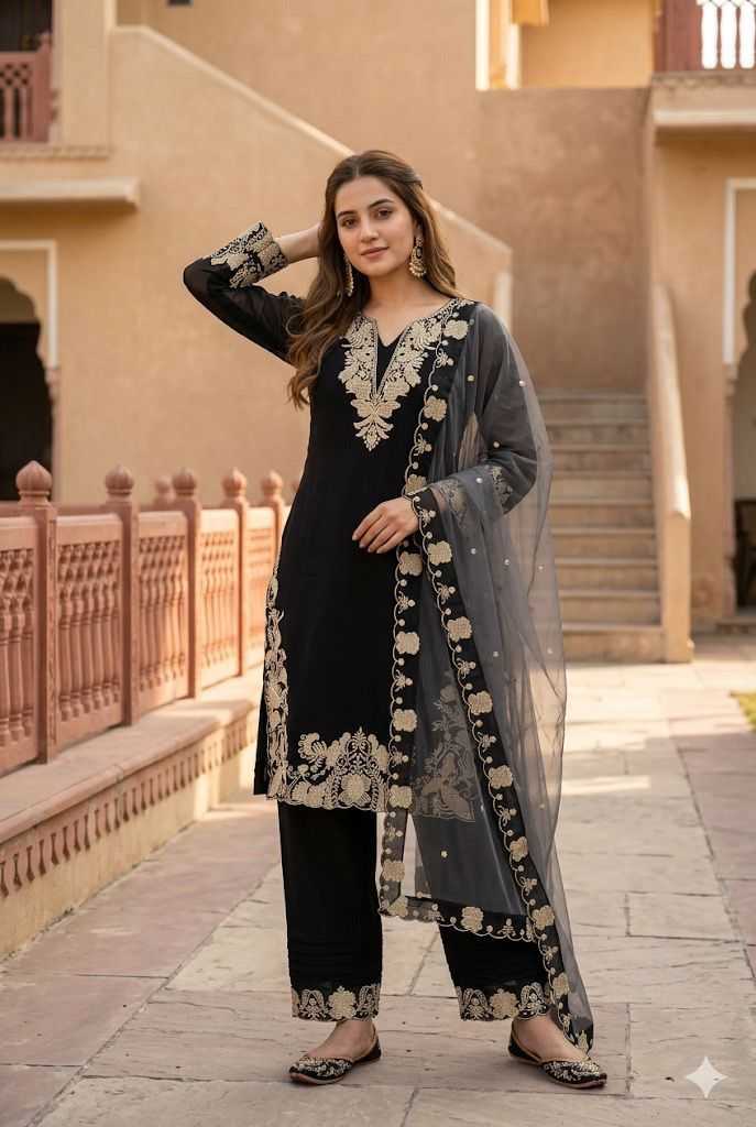 Woman in traditional black and white outfit with floral patterns standing in front of a beige building.