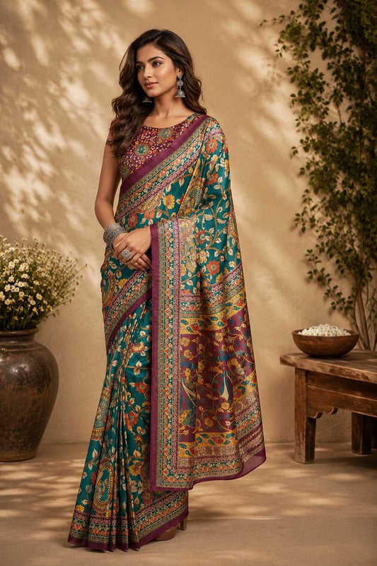 Woman wearing a colorful saree in an indoor setting with plants and a table.