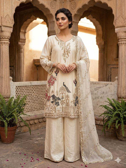Woman in traditional embroidered outfit standing in an architectural setting with plants.