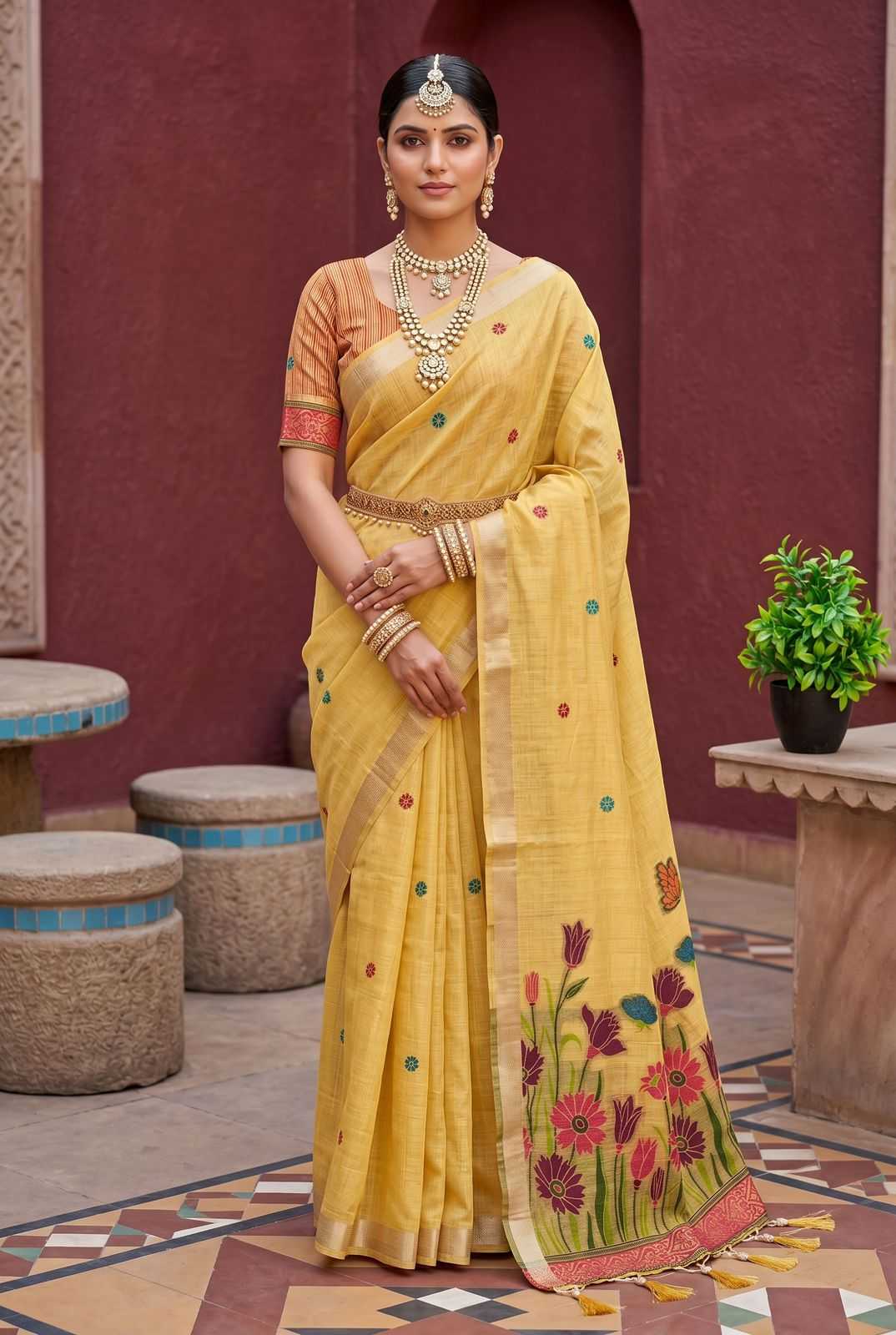 Woman in a yellow saree with floral patterns standing in an indoor setting.