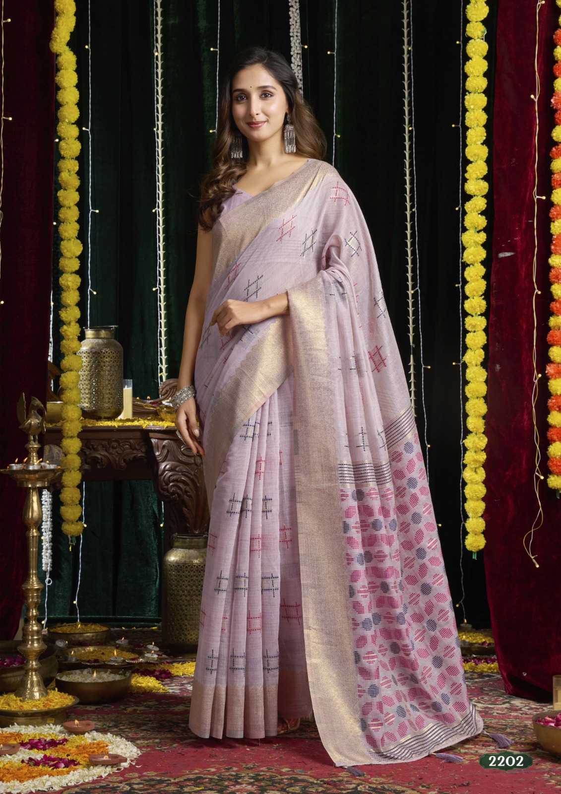 Woman in a light pink saree with a decorative background