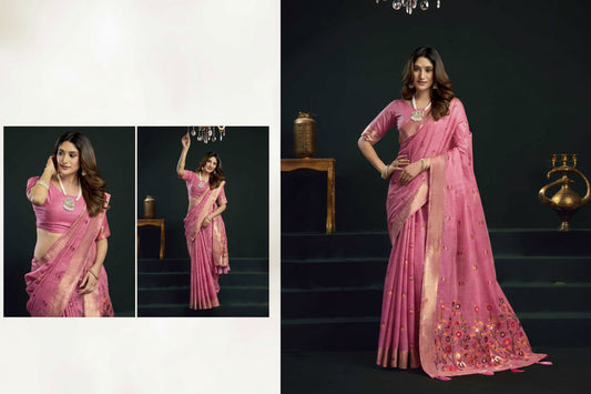 Woman in a pink saree with gold details, posing in front of a dark background with 'GOBUNI' branding.