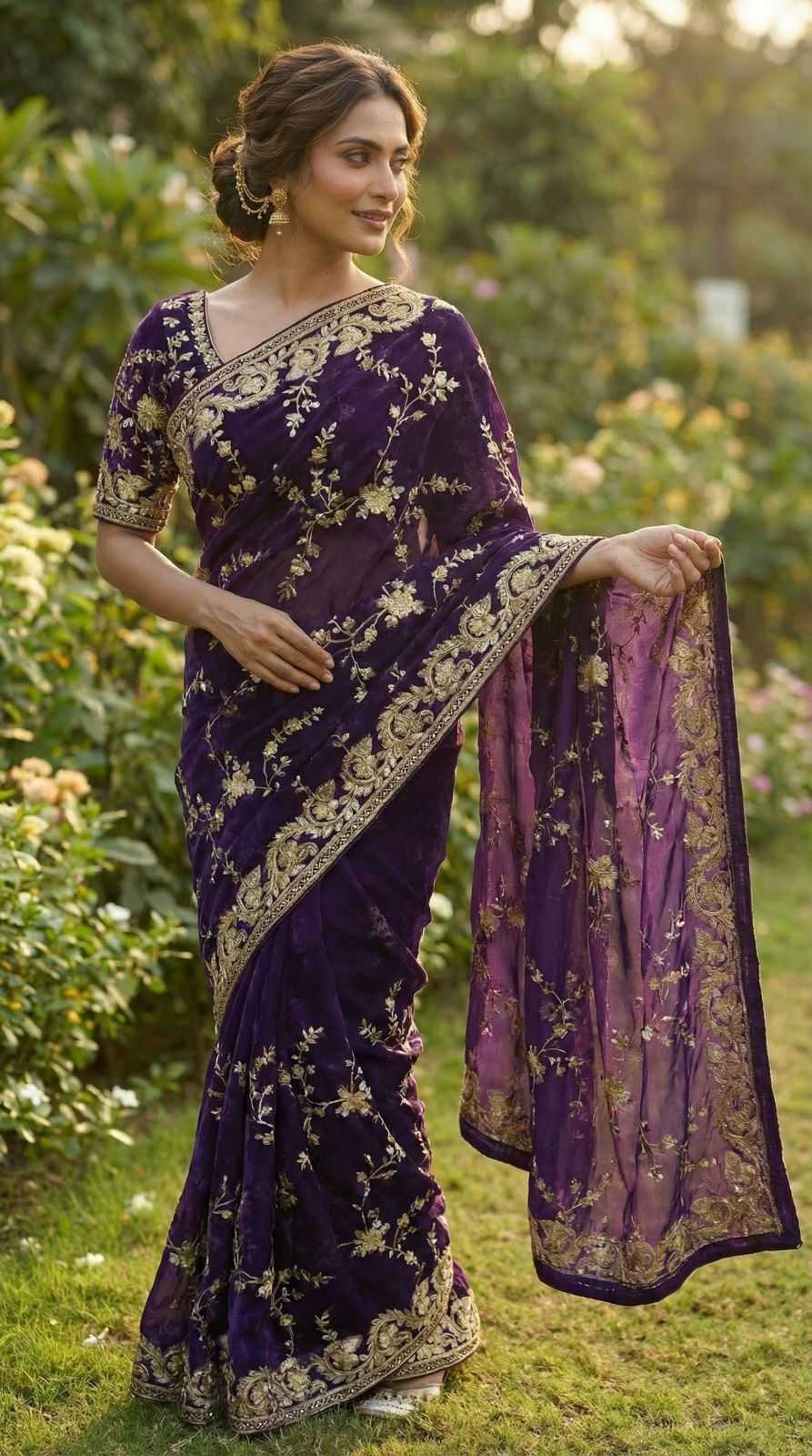 A woman wearing a deep purple velvet saree with intricate gold floral embroidery and a matching sheer dupatta, standing in a lush green garden.