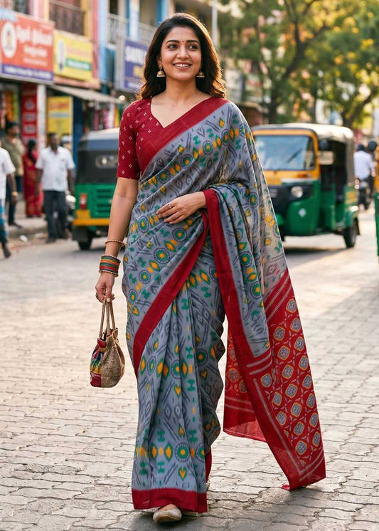 Woman in a traditional saree on a street with auto-rickshaws in the background