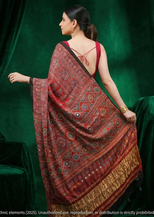 Suroor Ajrakh Modal Silk Saree With Mirror Work