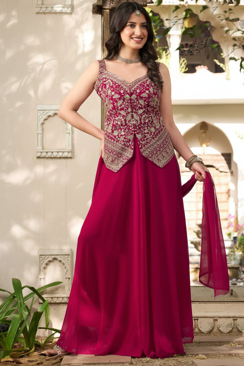 A woman modeling a deep magenta pink georgette maxi dress with heavy gold embroidery on the bodice and a matching dupatta, shown against an outdoor stone walkway. The image includes a fabric details inset on the left and size text overlays on the right.