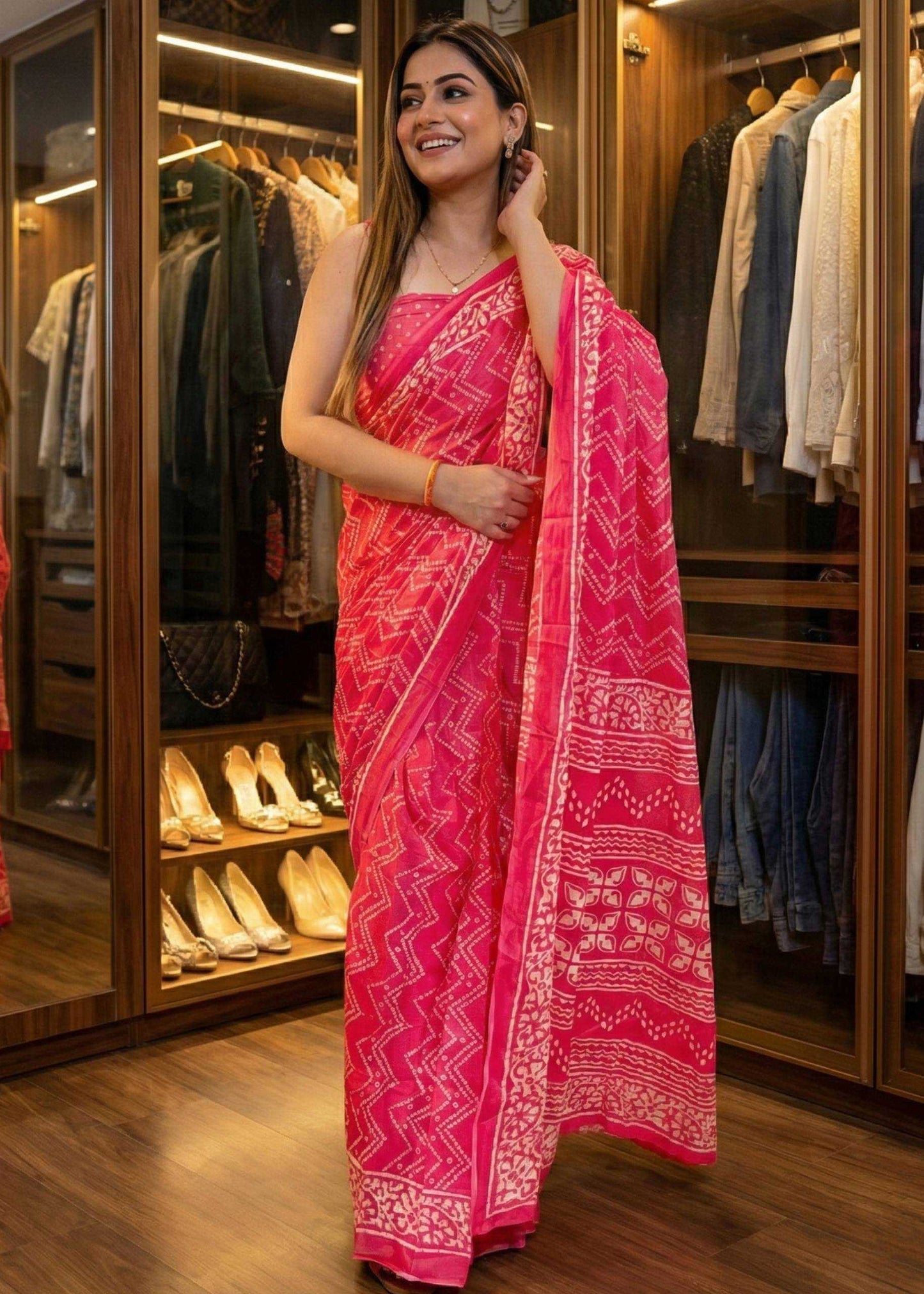 Woman in a pink saree standing in a clothing store with racks of clothes and shoes in the background.