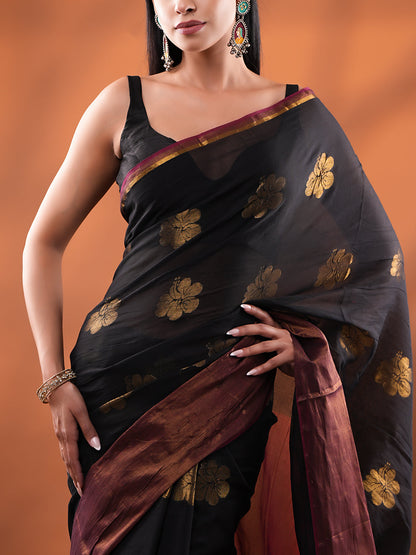 Black Mul Cotton Saree with Floral Zari Buttis & Contrast Wine Pallu