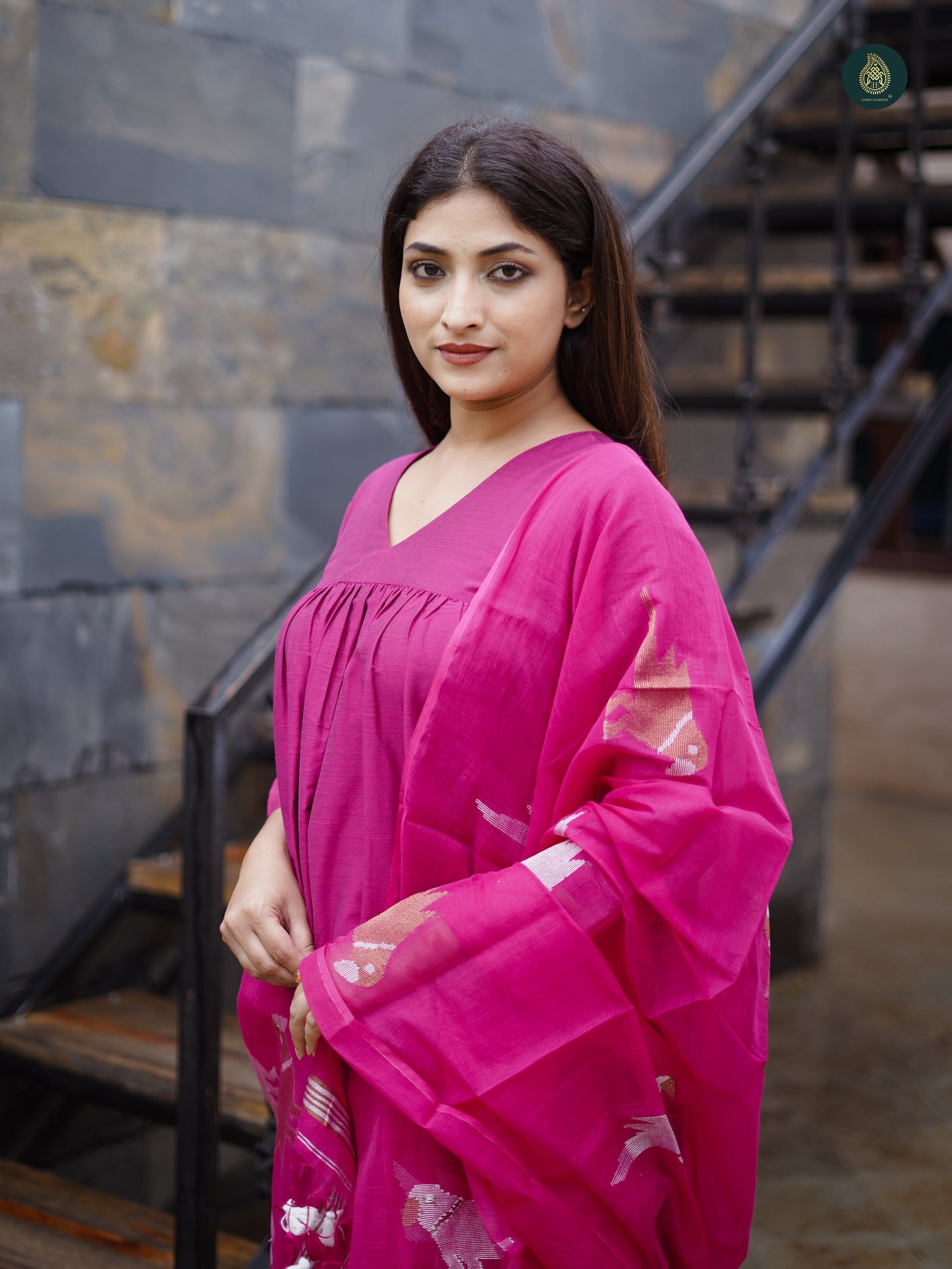 Stitched 3Pc Suit Set - Magenta Pink & Jamdani