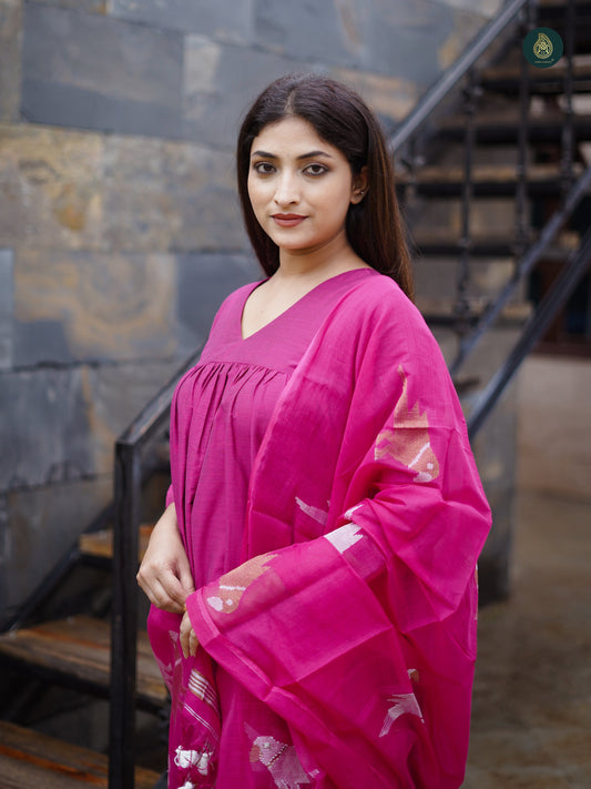 Stitched 3Pc Suit Set - Magenta Pink & Jamdani