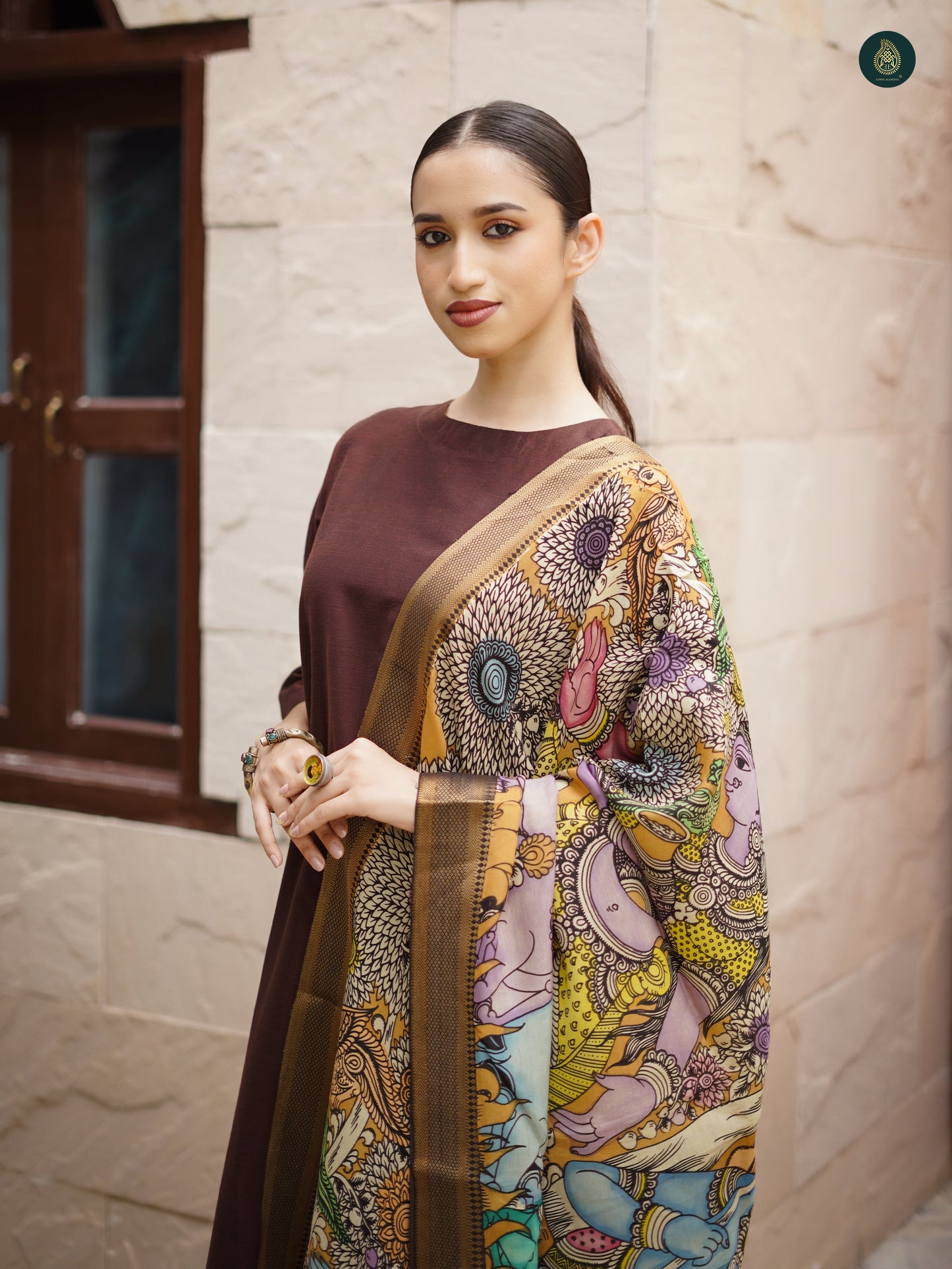 Stitched 3Pc Suit Set - Umber Brown & Kalamkari