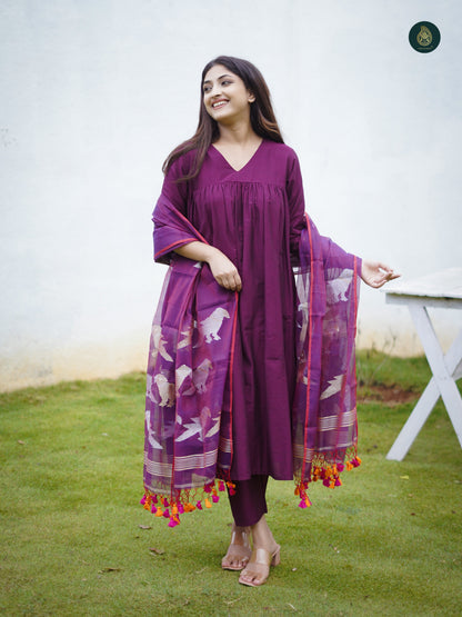 Stitched 3Pc Suit Set - Mauve & Jamdani