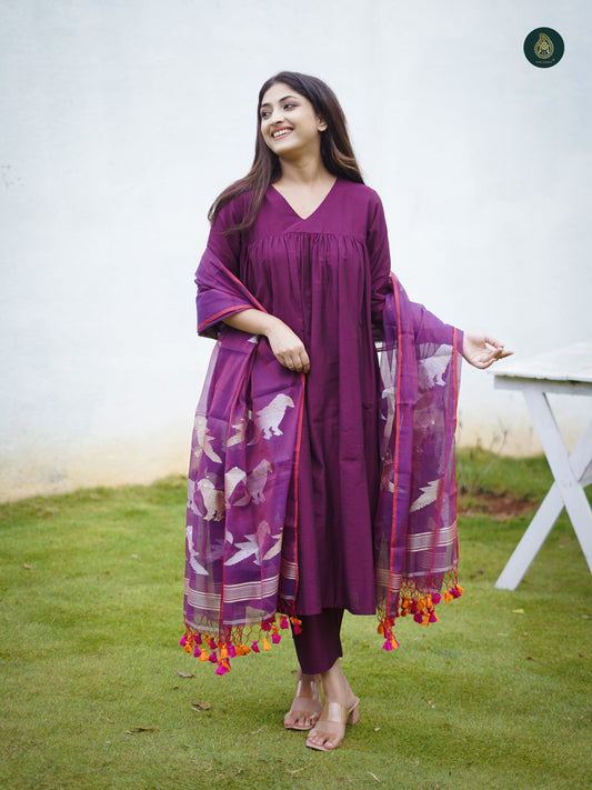 Stitched 3Pc Suit Set - Mauve & Jamdani