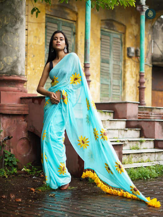 Mul Cotton Hand Painted Saree - Baby Blue Sunflower