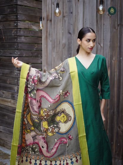 Stitched 3Pc Suit Set - Emerald Green & Kalamkari