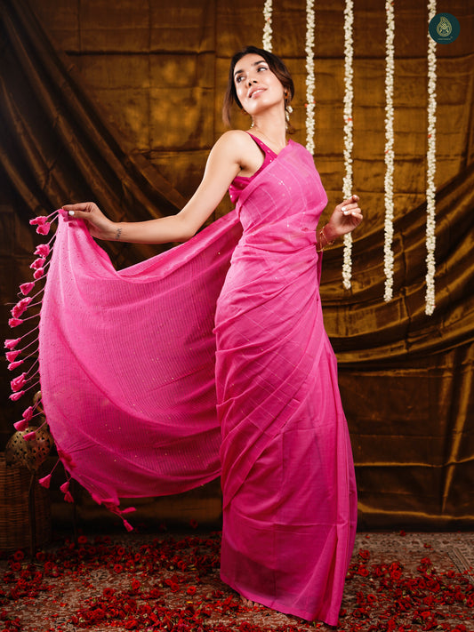 Sweetie Pink Sequined Mul Cotton Sarees