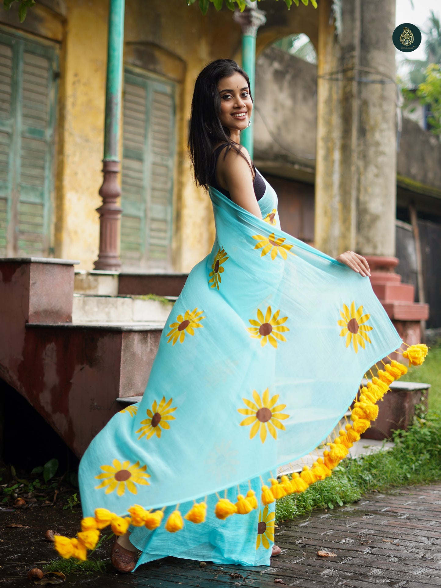Mul Cotton Hand Painted Saree - Baby Blue Sunflower