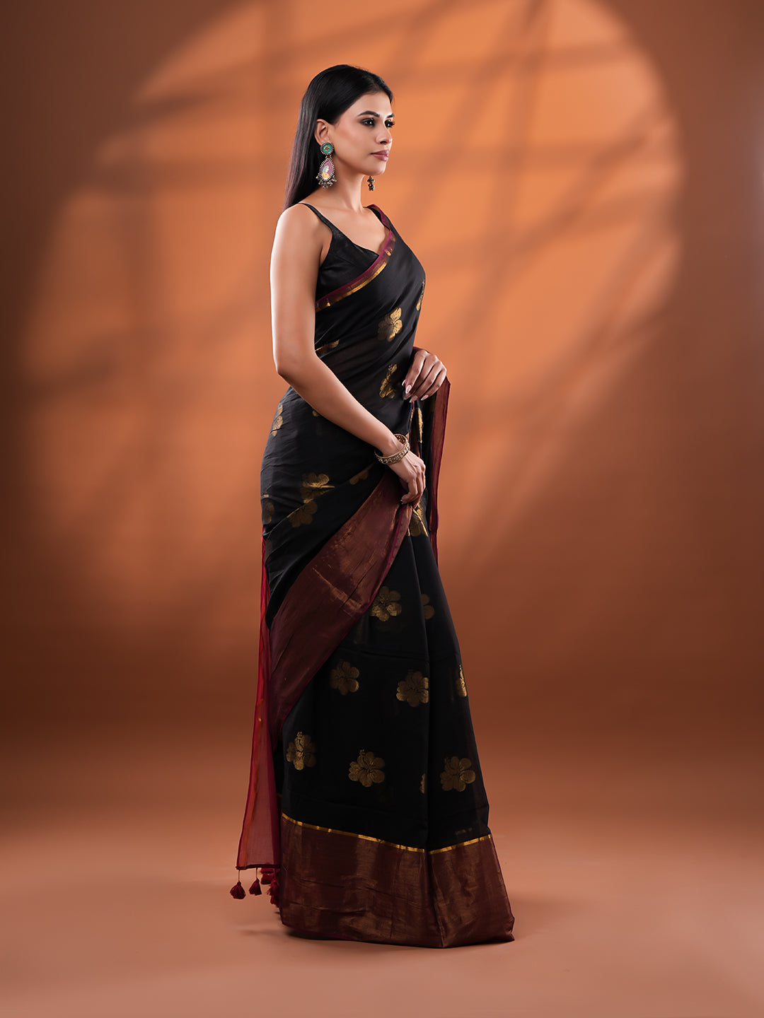Black Mul Cotton Saree with Floral Zari Buttis & Contrast Wine Pallu