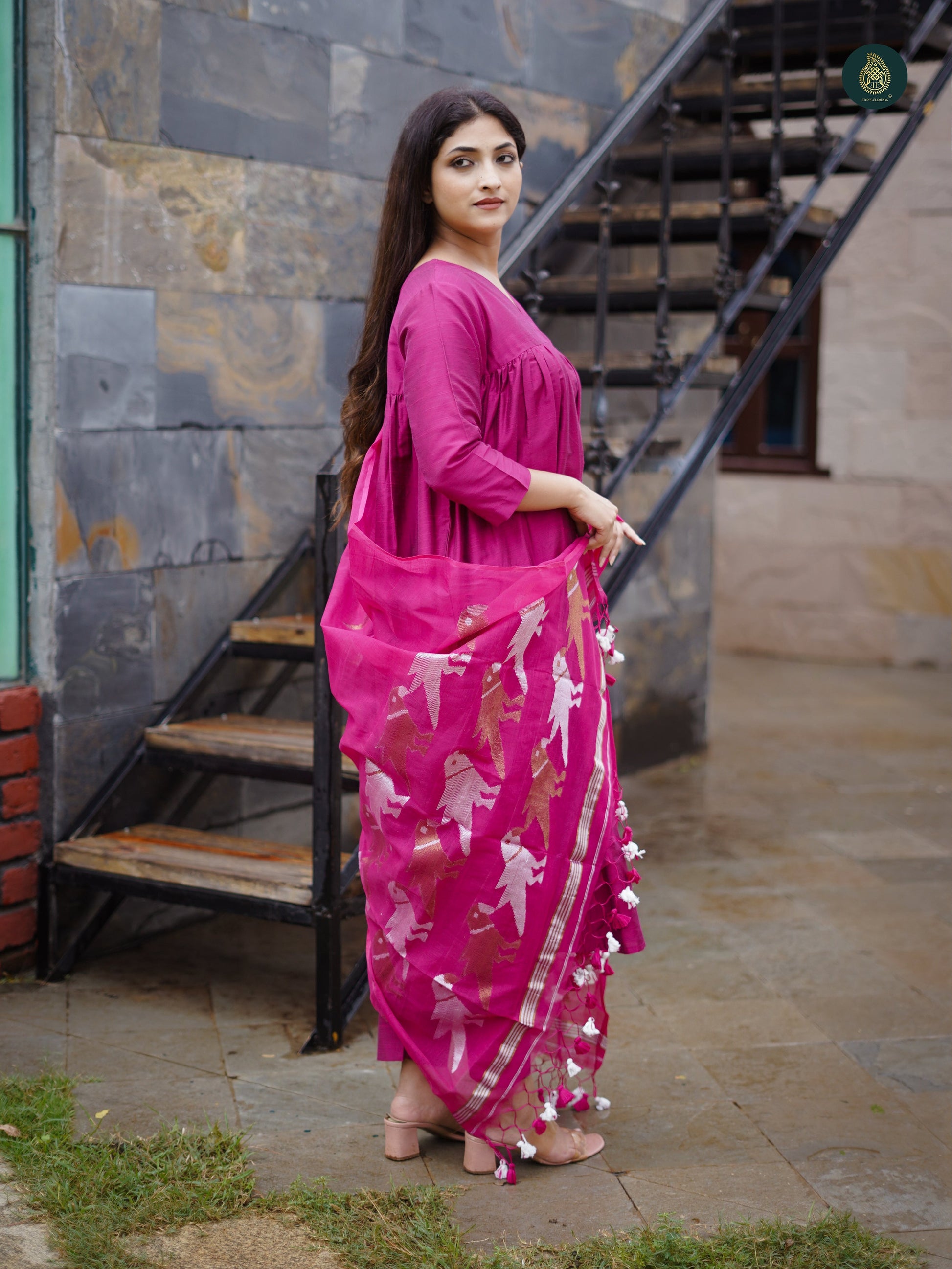 Stitched 3Pc Suit Set - Magenta Pink & Jamdani