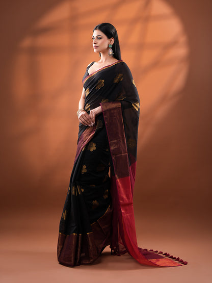 Black Mul Cotton Saree with Floral Zari Buttis & Contrast Wine Pallu